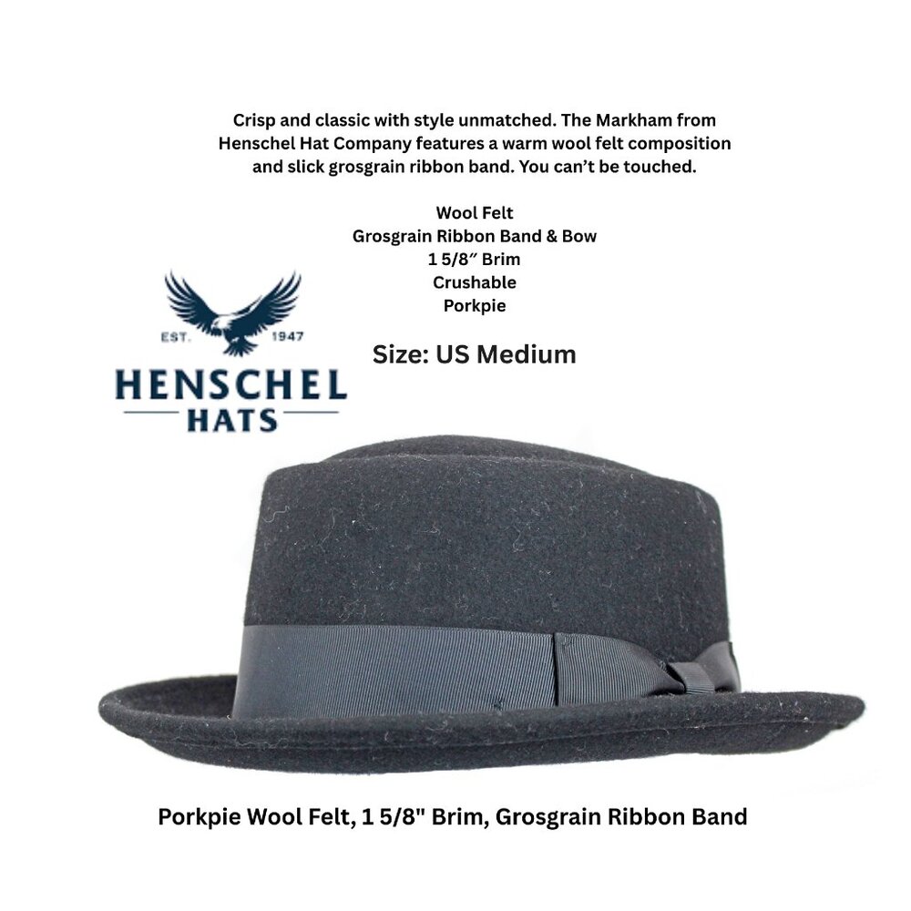 Henschel Hat Company Porkpie Wool Felt Hat-1 5/8" Brim, Grosgrain Ribbon Band